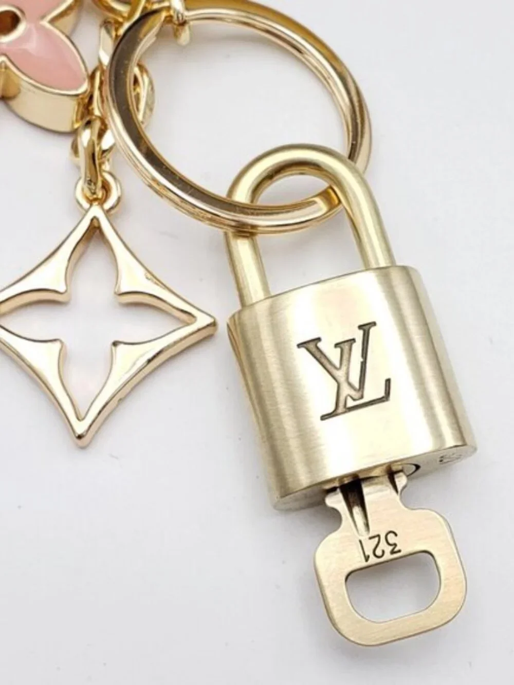Authentic Louis Vuitton Gold Lock & Key ✨ Unbranded Flower Bag Charm Keychain